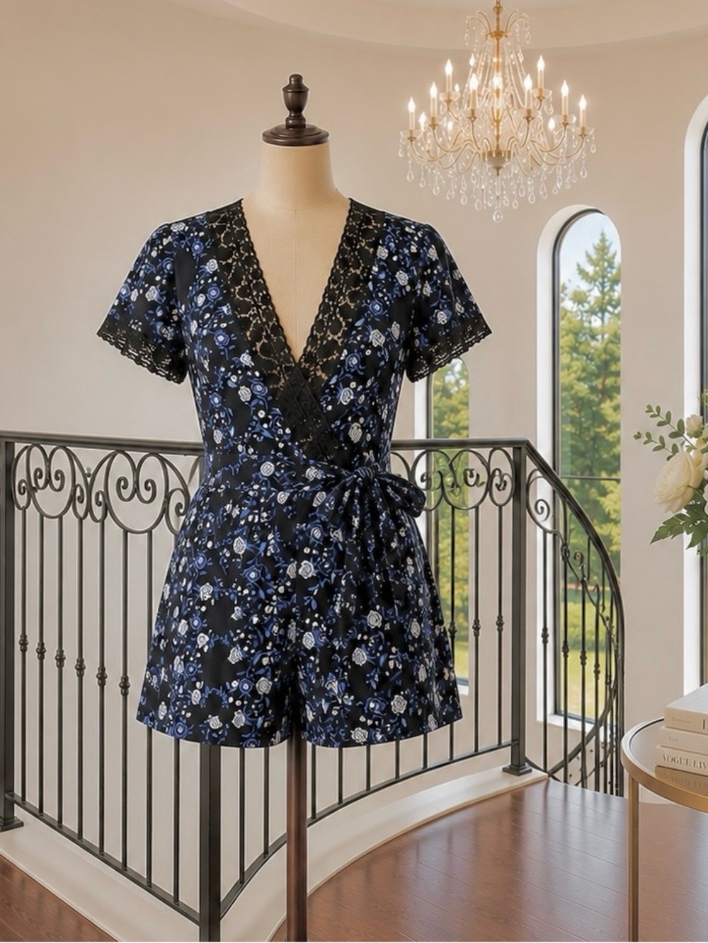 Sandro Floral Wrap Romper with Lace Trim